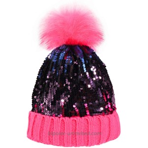 Homiton Women Sequin Knitted Beanie Hat with Faux Fur Pom-Pom Shiny Bling Skull Cap Hot Pink
