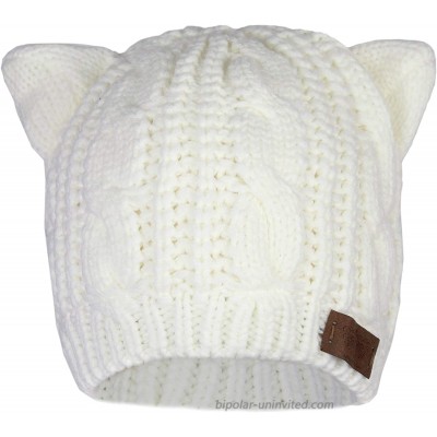 Kitty Cat Ears Beanie Cable Knit Hat- Thick Sherpa Fleece Lined Winter Stretch Cap w Tag Ivory Snow at  Women’s Clothing store