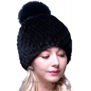 LITHER Thick Winter Genuine Knit Mink Fur Hat with Fox Fur Pom Pom Beanie Winter Warm Cap New Bonnet Black at  Women’s Clothing store