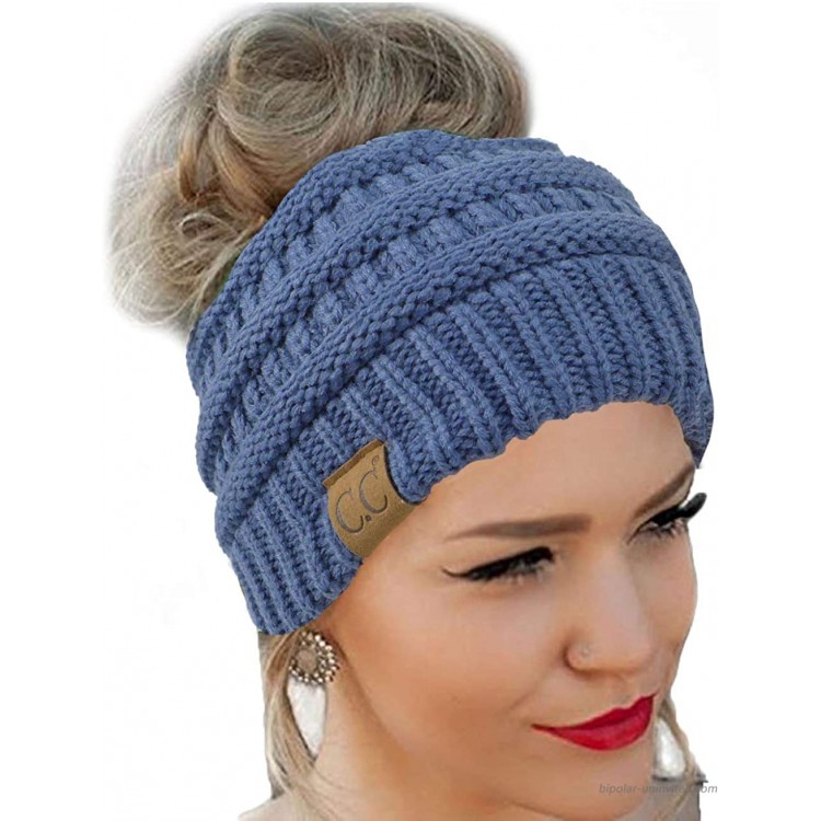 Messy Bun Hat Beanie CC Quality Knit Dark Denim at Women’s Clothing store
