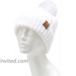 MIRMARU Winter Oversized Solid Color Cable Knitted Pom Pom Beanie Hat with Fleece Lining.White at Women’s Clothing store