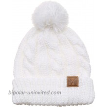 MIRMARU Winter Oversized Solid Color Cable Knitted Pom Pom Beanie Hat with Fleece Lining.White at  Women’s Clothing store