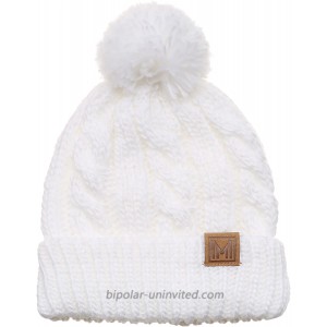 MIRMARU Winter Oversized Solid Color Cable Knitted Pom Pom Beanie Hat with Fleece Lining.White at  Women’s Clothing store