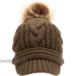 MIRMARU Women's Chunky Winter Soft Cable Knitted Double Layer Visor Beanie Hat with Faux Fur Pom Pom Olive at Women’s Clothing store