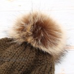 MIRMARU Women's Chunky Winter Soft Cable Knitted Double Layer Visor Beanie Hat with Faux Fur Pom Pom Olive at Women’s Clothing store