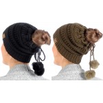 MIRMARU Women's Ponytail Messy Bun Beanie Ribbed Knit Hat Cap with Adjustable Pom Pom String 2 Pack - Black & Olive at Women’s Clothing store