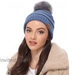 MIRMARU Women's Soft Stretch Cable Knit Warm Outdoor Skully Faux Fur Pom pom Beanie Hats Denim at Women’s Clothing store