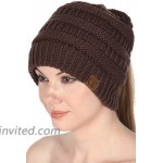 SERENITA Beanie Hat Ponytail Knit Messy Bun Women Cap - Winter Soft Cable Stretch Slouchy Hats Solid Brown at Women’s Clothing store