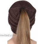 SERENITA Beanie Hat Ponytail Knit Messy Bun Women Cap - Winter Soft Cable Stretch Slouchy Hats Solid Brown at Women’s Clothing store