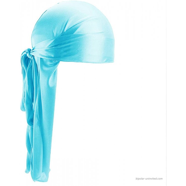 Silky Durag for Men Women Long-Tail 360 Wave Cap Durags Headwraps with Wide Straps Du-Rag Beanies Cap HC9 Sky Blue at Men’s Clothing store