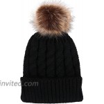 Simplicity Unisex Winter Hand Knit Faux Fur Pompoms Beanie 2 Pieces Black White at Women’s Clothing store