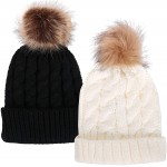Simplicity Unisex Winter Hand Knit Faux Fur Pompoms Beanie 2 Pieces Black White at Women’s Clothing store