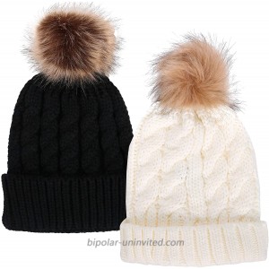 Simplicity Unisex Winter Hand Knit Faux Fur Pompoms Beanie 2 Pieces Black White at  Women’s Clothing store