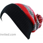 The Hat Depot Striped Cuffed Knit Beanie Winter Hat with Pom Black-Red at Women’s Clothing store