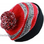 The Hat Depot Striped Cuffed Knit Beanie Winter Hat with Pom Black-Red at Women’s Clothing store