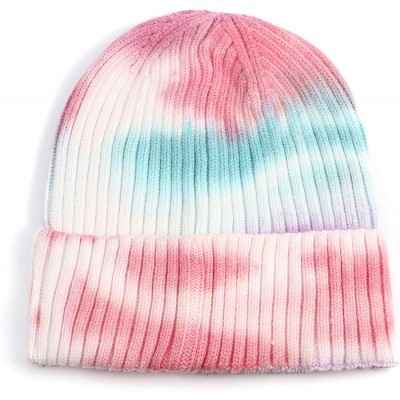 Tie Dye Beanie for Women Wide Cuff Ribbed Knit Red Winter Hat Soft Cashmere Hat at  Women’s Clothing store
