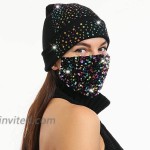 Womens Winter Black Knitted Beanie with Sequins Masks Warm Fleece Lined Skullies Bling Sequin Ski Cap Slouchy Knit Hat Mask Set Black at Women’s Clothing store