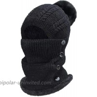 Womens Winter Knit Hat Fleece Lined Beanie Hat Mask Set Ski Cap with Pom Button Neck Warmer Black