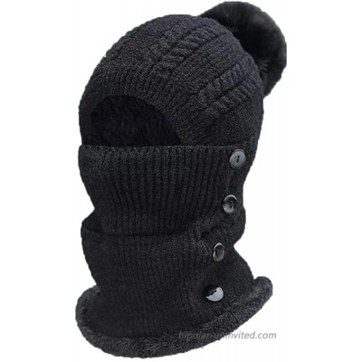 Womens Winter Knit Hat Fleece Lined Beanie Hat Mask Set Ski Cap with Pom Button Neck Warmer Black
