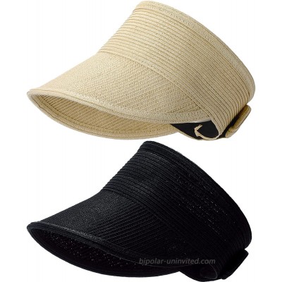 2 Pieces Straw Sun Visor Hat Wide Brim Summer Hat UV Protection Straw Visor Hats Ponytail Summer Sun Hats for Women Beige Black at  Women’s Clothing store