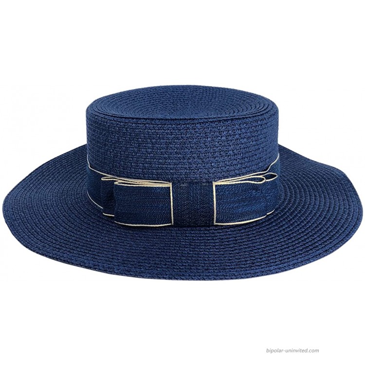 CHIC DIARY Women Bowknot Straw Hat Summer Fedoras Wide Brim Sun Hat Navy at Women’s Clothing store
