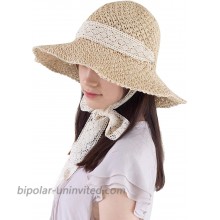 COMMADONNA Lovely Summer Packable Straw Chin Lace Strap with Eyelet Beach Hat Light Beige at  Women’s Clothing store