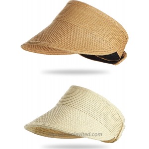 Harrhys 2 Pieces Beach Hats for Women Wide Brim Straw Hats Roll-up Foldable Sun Visor Hats UV Protection Hats Beige and Khaki at  Women’s Clothing store