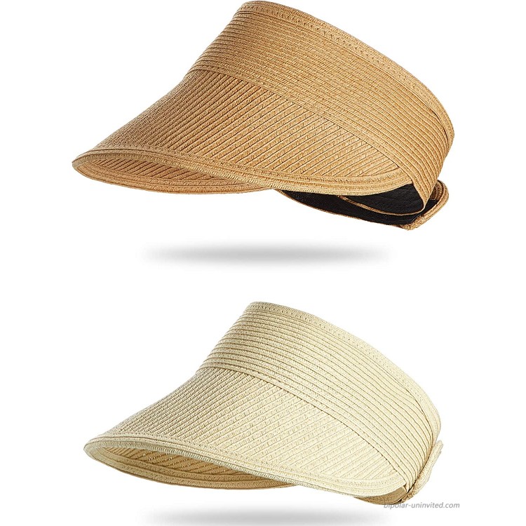 Harrhys 2 Pieces Beach Hats for Women Wide Brim Straw Hats Roll-up Foldable Sun Visor Hats UV Protection Hats Beige and Khaki at Women’s Clothing store