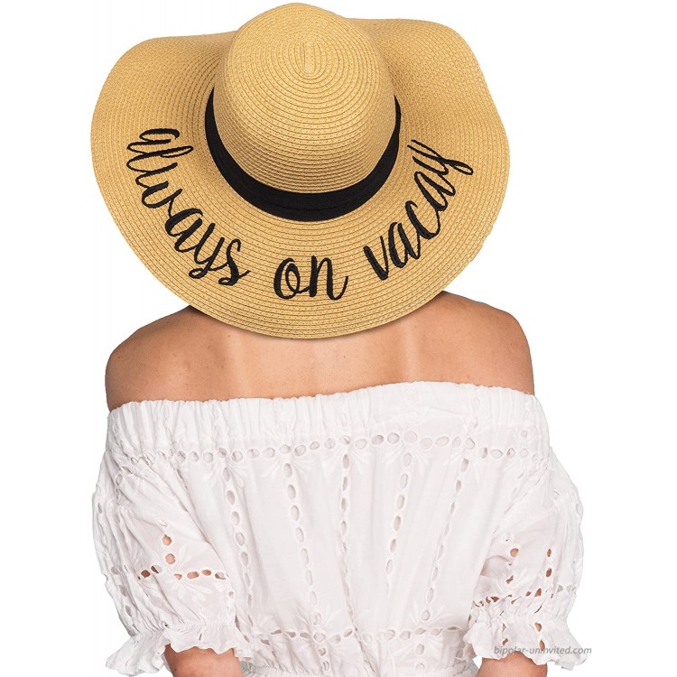 HATSANDSCARF Exclusives Summer Embroidered Lettering Floppy Brim Straw Sun Hat ST- Always on Vacay at Women’s Clothing store