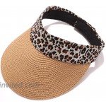 HZEYN Leopard Print Straw Visor Hat Wide Brim Roll-up Foldable Sun Hats Summer Beach Vacation Travel Accessories Leopard at Women’s Clothing store