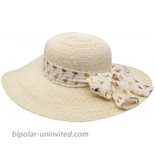 Krono Krown Women's Wide Brim Floppy Summer Beach Sun Hat for Ponytail w Cute Ribbon Bow - Paper Straw Adjustable UPF50+ Ivory Golden Flamingo at  Women’s Clothing store