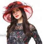 Ladies Kentucky Derby Church Hat Wide Brim Leaf Flower Bridal Dress Hat s037 Red&black Medium at Women’s Clothing store