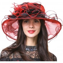Ladies Kentucky Derby Church Hat Wide Brim Leaf Flower Bridal Dress Hat s037 Red&black Medium at  Women’s Clothing store