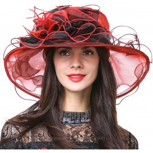 Ladies Kentucky Derby Church Hat Wide Brim Leaf Flower Bridal Dress Hat s037 Red&black Medium at  Women’s Clothing store
