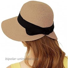 Women Casual Summer Beach Sun Hats with Bowknot Wide Brim Ajustable Straw Vacation Hats Fedora UPF50 Dark Coffee
