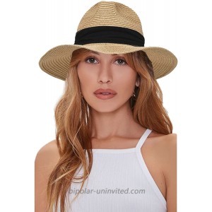 Women Straw-Panama-Hat Summer Beach Hat - Floppy Fedora Cap Khaki Medium