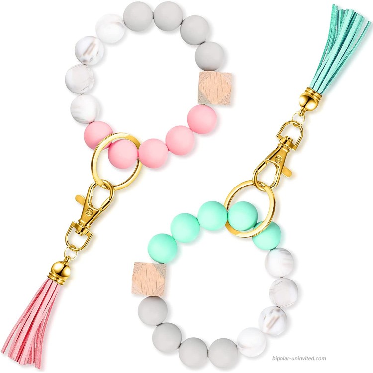 2 Pieces Silicone Key Ring Bracelet Beaded Bangle Keychain Bracelet Wristlet Key Ring Key Chain Bracelet Bangle Wristlet Tassel Keychain Silicone Beaded Bangle Chains for Women Girls Ladies at Men’s Clothing store