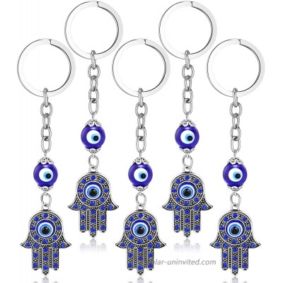 5 Pieces Hamsa Hand Keychain Evil Eye Silver Keychain Fatima Protection Charms Blue Good Luck Key Holder for Attaching to Keys and Bags