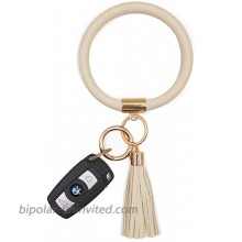 Mwfus Upgrade Round Key Ring Bracelet Leather Wristlet Keychain Large Circle Bangle Keyring Tassel Holder for Women Girls