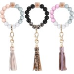 Silicone Key Ring Bracelet Silicone Beaded Bangle Keychain Wristlet with PU Leather Tassel for Women Girls at Women’s Clothing store