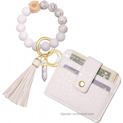 Wristlet Keychain with Wallet Nature Stone Silicone Bead Keyring Bracelet Bangle Portable ID Card Car Key Ring Holder w Tassel White at  Women’s Clothing store