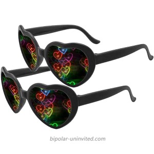 2 Pairs Heart Effect Diffraction Glasses - See Hearts! - Unisex Adults Raves Music Festivals Glasses Special Effect