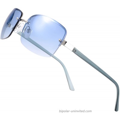 Minimalist Semi-rimless Rectangular Sunglasses for Men Women - Exquisite Packaging 605b-Siver Light Blue Temple Gradient Blue