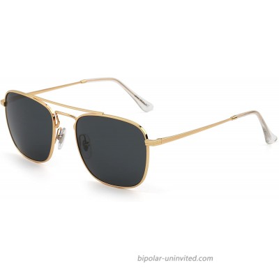 Retro Square Aviator Sunglasses Premium Glass Lens Flat Metal Eyewear Men Women Gold Grey