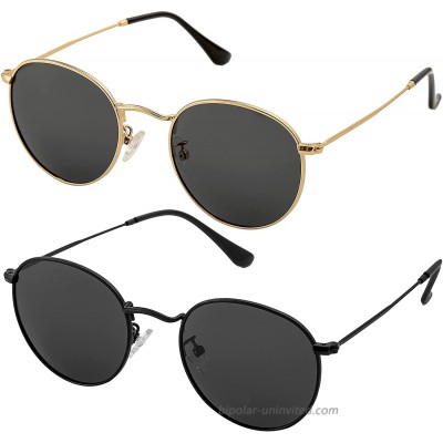 Small Round Polarized Sunglasses for Men Women Classic Circle Metal Frame Sun Glasses 2 Pack Gold Black + Black Black