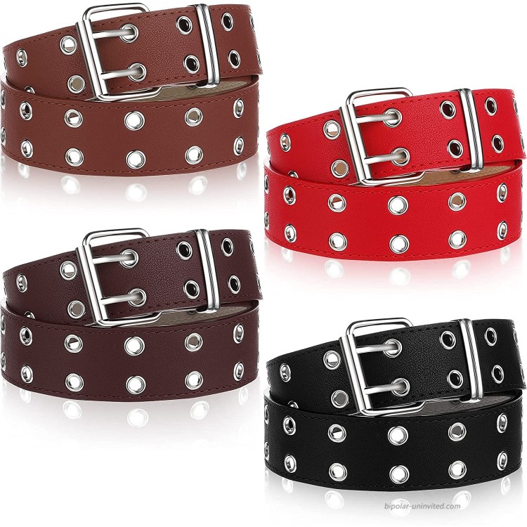 4 Pieces Double Grommet Belts PU Leather Belt Eyelet Belt Punk Rock Belts Studded Jeans Belt for Women and Men at Women’s Clothing store