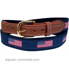 American Flag Belt on Navy Webbing Leather Tips at  Men’s Clothing store