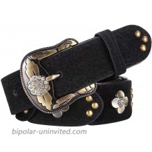【CaserBay】Women's Vintage Western Design Genuine Cowhide Leather Flower Studded Belt With Rhinestone Sculpture Alloy Buckle【Black】 at  Women’s Clothing store