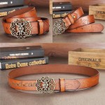 Hello My Life&Apparel Women's Genuine Cowhide Leather Belt with Flower Pin-Buckle Camel