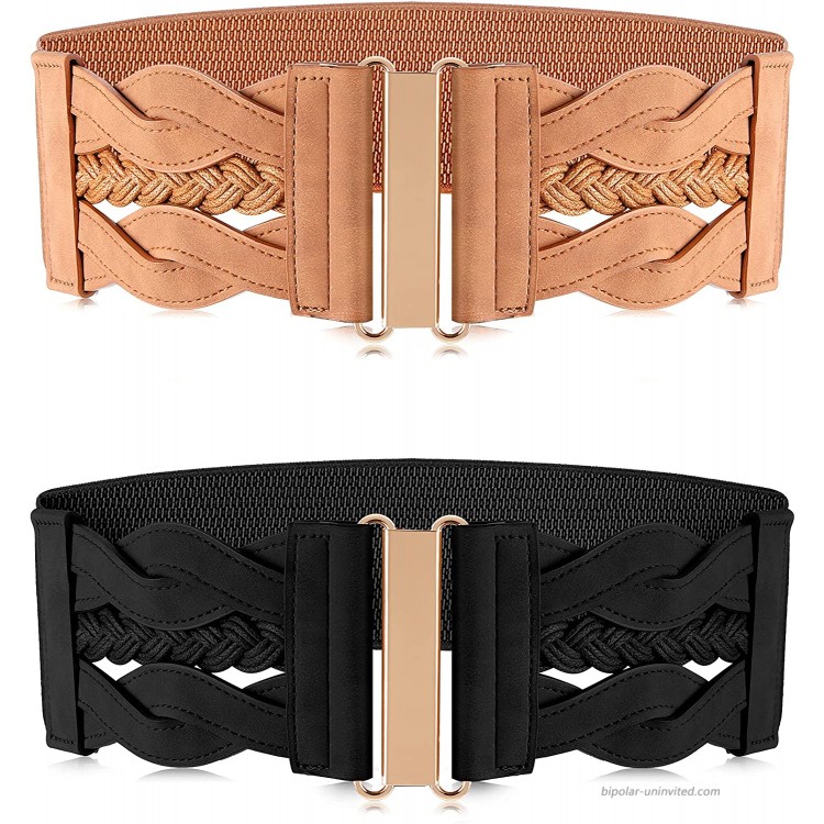 Hercicy 2 Pieces Women's Elastic Retro Belt Stretchy Wide Waist Belt Retro Buckle Belt for Women Dresses Shirts Black and Khaki at Women’s Clothing store